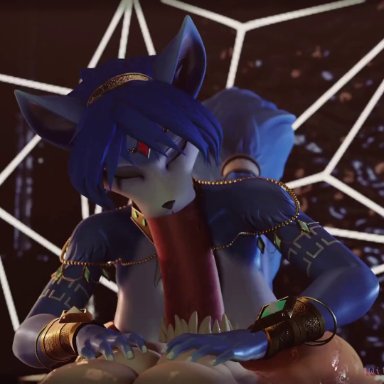 original, star fox, baxter (ray raider), krystal, krystal (warfaremchine), ray raider, 1boy1girl, anthro, anthro on anthro, anthrofied, big penis, blowjob face, blue hair, bracelet, closed eyes