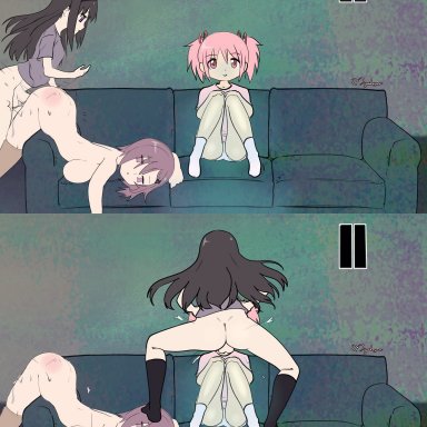 mahou shoujo madoka magica, akemi homura, junko kaname, kaname junko, madoka kaname, mahomalice, 1futa, 2girls, big ass, big breasts, black hair, blowjob, breasts, clothed, clothing