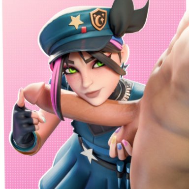 fortnite, fortnite: battle royale, helsie (fortnite), huntress helsie (fortnite), eclairstones, blush, blushing, clothed, clothed female, clothing, completely nude, completely nude male, fingerless gloves, fondling balls, fully clothed