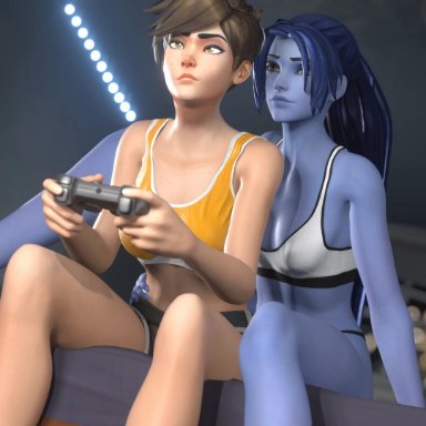 overwatch, overwatch 2, tracer, widowmaker, eoran, eoran incubus, bed, bedroom, bedroom sex, cowgirl, cowgirl position, cunnilingus, cute, game controller, gaming