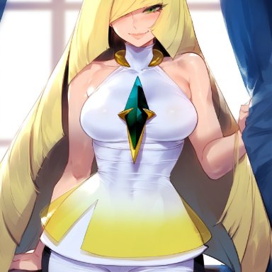 pokemon, lusamine (pokemon), creamy ai, blonde hair, curvy, green eyes, large breasts, thick thighs, wide hips, ai generated, patreon username