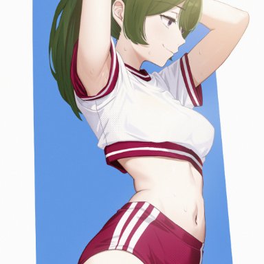 sousou no frieren, ubel (sousou no frieren), edgar syu, 1girls, alternate costume, armpit crease, armpits, arms up, breasts, buruma, crop top, female, green hair, gym uniform, medium breasts