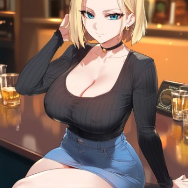 dragon ball, dragon ball z, android 18, laino airt, 1girls, bare legs, bare thighs, big breasts, blonde hair, blue eyes, clothed, clothing, female, female focus, female only