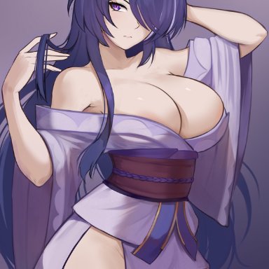 genshin impact, honkai (series), honkai: star rail, acheron (honkai: star rail), raiden shogun (cosplay), hioyami, 1girls, breasts, female, large breasts, light skin, light-skinned female, long hair, purple eyes, purple hair