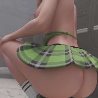 fortnite, helsie (fortnite), tm04, ass, bra down, looking at viewer, outside, panties around leg, squatting