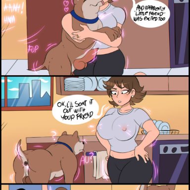 shadman (character), theanonyms, 2girls, big ass, big breasts, brown hair, dog anus, dog dick, doggy style, front view, interracial, kitchen, mommy, mother, panties