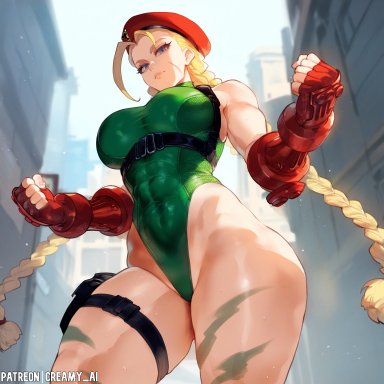 street fighter, cammy white, creamy ai, blonde hair, blue eyes, curvy, from below, highleg leotard, large breasts, leotard, thick thighs, wide hips, ai generated, patreon username