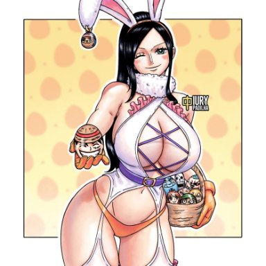 easter, one piece, nico robin, iury padilha, 1girls, big breasts, black hair, blue eyes, bunny ears, cleavage, easter basket, easter egg, easter eggs, female, female only