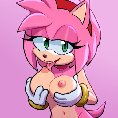 sonic (series), sonic the hedgehog (series), amy rose, mobian (species), ari dibujitos, 1girls, anthro, breasts, licking own nipple, looking at viewer, naked, nipples, nude, nude female, open mouth