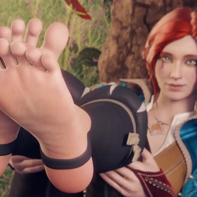 triss merigold, colonelyobo, barefoot, feet, feet focus, feet up, female, female focus, female only, foot fetish, foot focus, green eyes, pale skin, red hair, soles