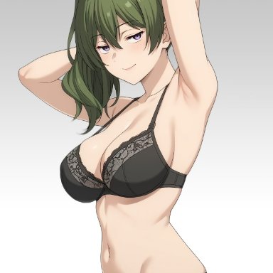 sousou no frieren, ubel (sousou no frieren), 1girls, armpits, arms behind head, big breasts, black bra, black panties, bra, breasts, busty, cleavage, confident, female, female only