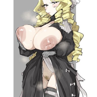 original, oc, original character, leebongchun, 1girls, black dress, black eyes, blonde female, blonde hair, blush, blush lines, blushing, boob window, bow, bow in hair