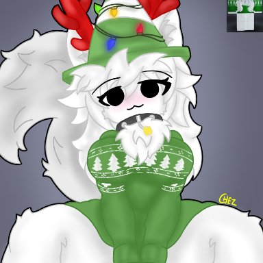 roblox, roblox avatar, chez-arts, black collar, blush, christmas lights, fluff, fluffy tail, furry, green sweater, large breasts, red antlers, sitting, thick thighs, traffic cone