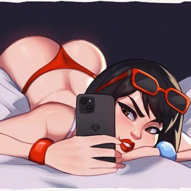 fortnite, evie (fortnite), magaska19, 1girls, ass up, black hair, brown eyes, glasses, glasses on head, holding object, holding phone, selfie, underwear, tagme