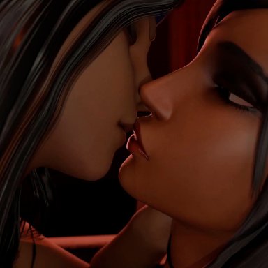 blizzard entertainment, overwatch, ana amari, pharah, cutegals, ass, bra, breasts, dark skin, dark-skinned female, french kiss, incest, kissing, large breasts, mother and daughter