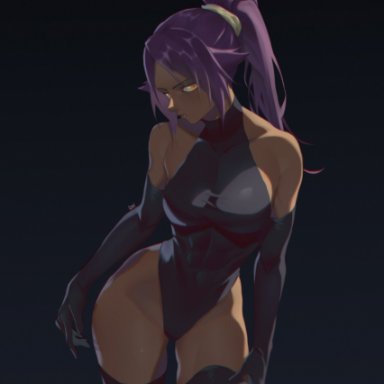 bleach, shihouin yoruichi, izei1337, 1girls, abs, abs visible through clothing, big breasts, black elbow gloves, black thighhighs, black thong leotard, breasts, busty, curvy, dark skin, dark-skinned female