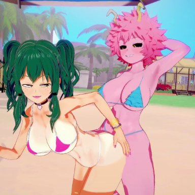 my hero academia, bakugou katsuki, female deku, izuku midoriya, mina ashido, eight69, 1futa, 1girls, bikini, blowjob, bouncing breasts, breasts, cleavage, female, futa on female