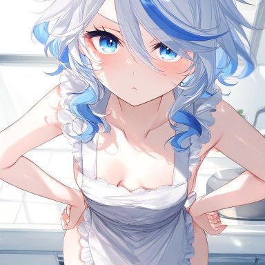 genshin impact, furina (genshin impact), 1girls, apron, apron only, bare arms, bare shoulders, bare thighs, blue eyes, blue hair, blush, breasts, cleavage, collarbone, cute