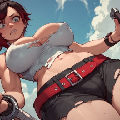 rwby, ruby rose, clickyclacky, 1girls, annoyed expression, big breasts, breast expansion, no bra, outdoors, torn clothes, torn shirt, ai generated