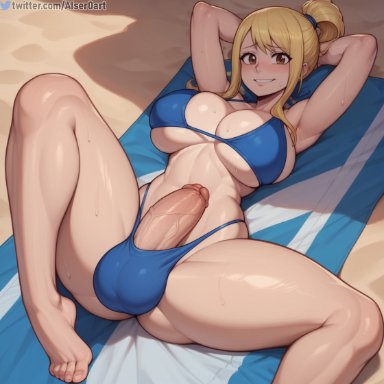 fairy tail, lucy heartfilia, aiser0, 1futa, arms behind head, barefoot, beach, bikini, blush, erection, futanari, huge breasts, large breasts, large penis, looking at viewer