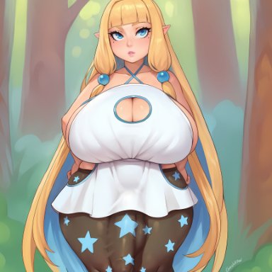 copyright request, character request, geshtar, 1futa, blonde hair, breasts, bulge, futanari, huge breasts, large breasts, light skin, light-skinned futanari, long hair, outdoors, penis