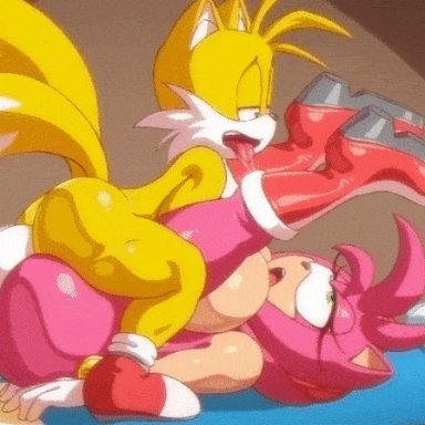 sega, sonic (series), sonic the hedgehog (series), amy rose, tails the fox, angelauxes, ahe gao, anthro, big balls, cum, cum explosion, cum in pussy, cum inside, cumshot, female