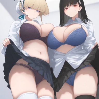 blue archive, seminar (blue archive), rio (blue archive), toki (blue archive), rurumor999 (rumo), 2girls, alternate breast size, annoyed expression, breasts out, expressionless, flashing, from below, large breasts, legwear, lingerie