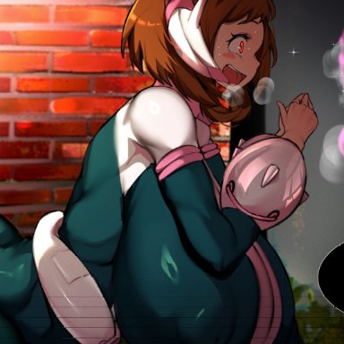 boku no hero academia, my hero academia, ochako uraraka, ochako uraraka (hero outfit), uraraka ochako, kantan, 1girls, big breasts, big penis, breasts, brown hair, busty, curvaceous, curvy, curvy body