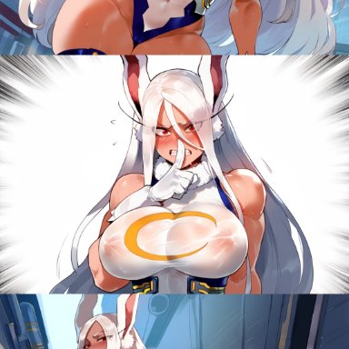 my hero academia, miruko, henrik n, 1girls, big lips, blush, blushing at viewer, cute, dark-skinned female, dat ass, huge ass, huge breasts, imminent sex, interracial, muscular female