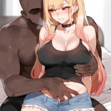 kitagawa marin, floox, black tank top, blonde hair, dark-skinned male, jean shorts, red eyes, tank top, ai generated, tagme