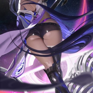 honkai: star rail, acheron (honkai: star rail), zumi, 1girls, ass focus, large breasts, light-skinned female, long hair, looking back, purple eyes, purple hair, skimpy clothes, solo, sword, thick thighs