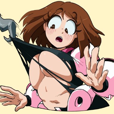 my hero academia, ochako uraraka, ochako uraraka (hero outfit), inker comics, inkershike, 1girls, assisted exposure, blush, bodysuit, brown eyes, brown hair, chubby, exposed breasts, hook, large breasts