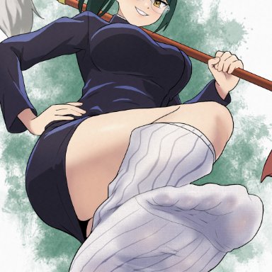 jujutsu kaisen, zenin maki, urin (littleurin), feet, female, foot fetish, foot focus, glasses, green hair, grin, hand on own hip, light blush, long hair, looking at viewer, loose socks