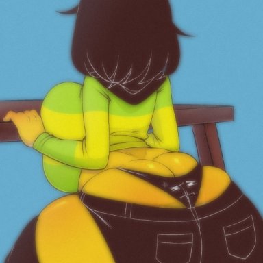 deltarune, undertale, undertale (series), kris (deltarune), kris female (deltarune), pinkbobatoo, big ass, big breasts, black hair, black shorts, breasts, from behind, huge ass, huge breasts, living underwear