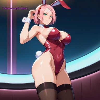 boruto: naruto next generations, naruto, naruto (series), sakura haruno, temptart, 1girls, adapted costume, alternate breast size, alternate costume, arm support, bare arms, bare breasts, bare chest, bare shoulders, big breasts