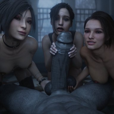 resident evil, ada wong, claire redfield, jill valentine, mr x, stephanie23, 1boy, 3girls, cock worship, fondling balls, foursome, huge cock, looking at viewer, pov, testicle grab