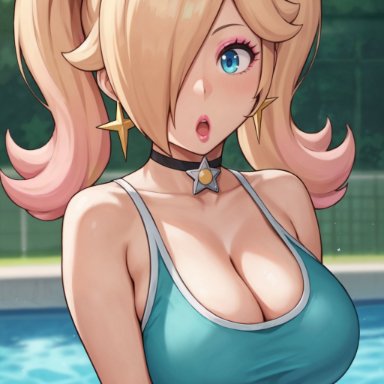 mario (series), nintendo, super mario galaxy, princess rosalina, aimoonshine, :o, alternate costume, blonde hair, blue eyes, blue one-piece swimsuit, choker, cleavage, gradient hair, gyaru, hair over one eye