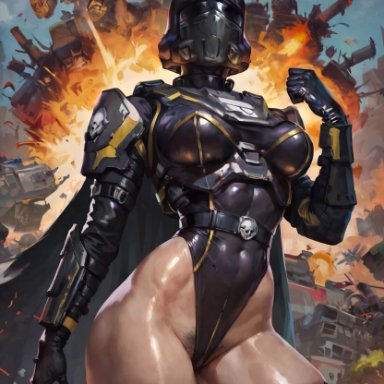 helldivers 2, helldiver (helldivers), philon, 1girls, armor, belt, black gloves, black leotard, black thighhighs, boots, breasts, cape, clenched hand, cloud, cowboy shot