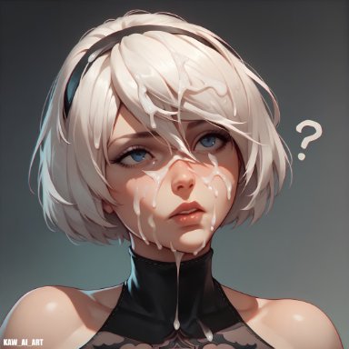 nier: automata, yorha 2b, kaw ai art, 1girls, blue eyes, cum, cum drip, cum on face, cum on hair, female, question mark, white hair, ai generated