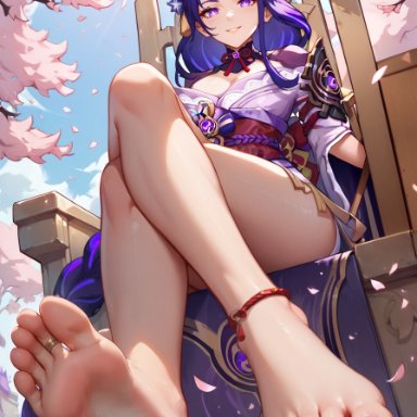 genshin impact, raiden shogun, 1girls, barefoot, braid, cherry blossoms, crossed legs, feet, foot fetish, foot focus, from below, legs, looking at viewer, purple eyes, purple hair