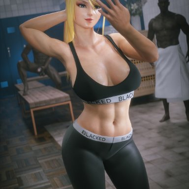 blacked, metroid, samus aran, currysfm, abs, blacked clothing, clothed female nude male, dark-skinned male, imminent sex, interracial, mirror selfie, muscular female, raceplay, 3d