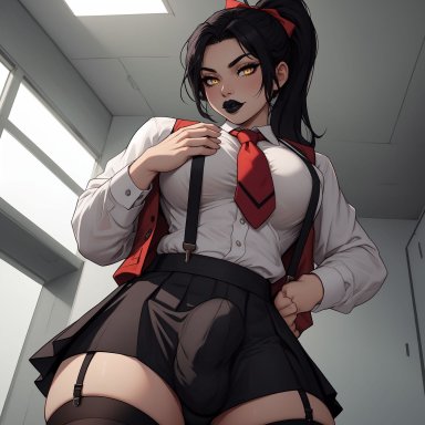 shennru, 1futa, balls, black hair, black lips, bulge through clothing, erection, erection under clothes, erection under skirt, futa only, futanari, looking at viewer, penis, seductive look, shirt