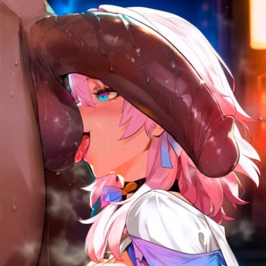 honkai: star rail, march 7th (honkai: star rail), 1boy, 1girls, bangs, bikini, blue eyes, blush, breasts, choker, dark-skinned male, erection, eyebrows visible through hair, heart, heart-shaped pupils