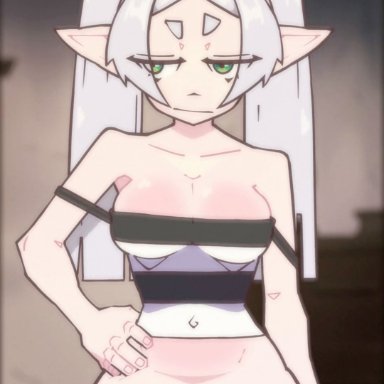 sousou no frieren, frieren, doubt (thedo ubt), bare shoulders, breasts, elf, green eyes, looking away, navel, nipples, pointy ears, pussy, room, sleeveless shirt, smile