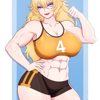 rwby, yang xiao long, rosewald1929, 1girl, abs, big breasts, black shorts, blonde hair, boob window, cleavage, female, flexing bicep, gym uniform, hand on hip, large breasts