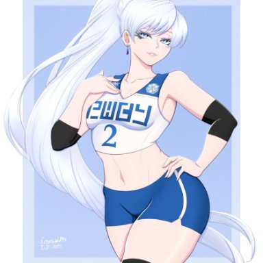 rwby, weiss schnee, rosewald1929, 1girl, armbands, armpits, breasts, earrings, female, female only, gym shorts, gym uniform, hand on hip, knee pads, light blue eyes