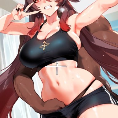 genshin impact, hu tao (genshin impact), depressu, 1girls, armpits, bangs, bare shoulders, black shorts, blush, breasts, cleavage, dark-skinned male, gym, large breasts, long hair