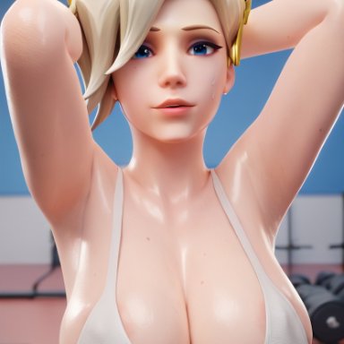 blizzard entertainment, overwatch, overwatch 2, angela ziegler, mercy, galszip, big breasts, blonde hair, blue eyes, cleavage, cleavage cutout, cleavage overflow, gym, gym clothes, hands up