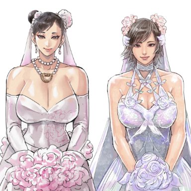 street fighter, tekken, chun-li, kazama asuka, cirenk, 2girls, accessory, bare shoulders, big breasts, bouquet, breasts, bride, brown eyes, brown hair, cleavage