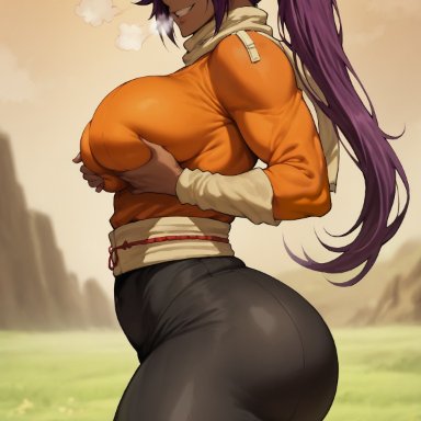 bleach, shihouin yoruichi, daulawkins, 1girls, armwear, big ass, big butt, breast grab, breast squeeze, bubble butt, dark skin, dark-skinned female, dat ass, fat ass, gloves